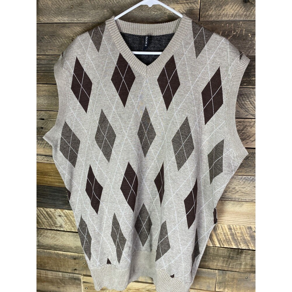 True Rock Men's 3X Argyle V-Neck Sweater Vest Beige Brown Cotton Blend Knit